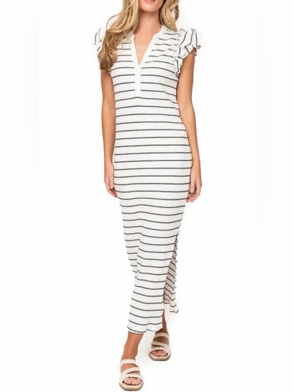 GibsonLook Ruffle Cap Sleeve Rib Henley Maxi Dress Womens Large White NWT Stripe